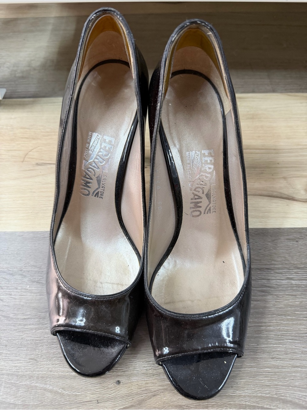 Salvatore Ferragamo Black Patent Leather Peep-Toe Pumps